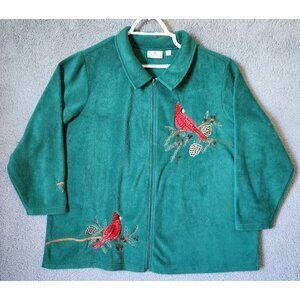 Quacker Factory Women's Sz 3X Full Zip Fleece Jacket Embroidered Cardinals Green